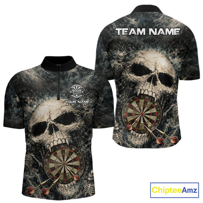 Grunge Horror Grey Skull Vintage Dartboard & Arrow Men Darts 1/4-Zip Shirt Custom Dart League Shirts NYN2642