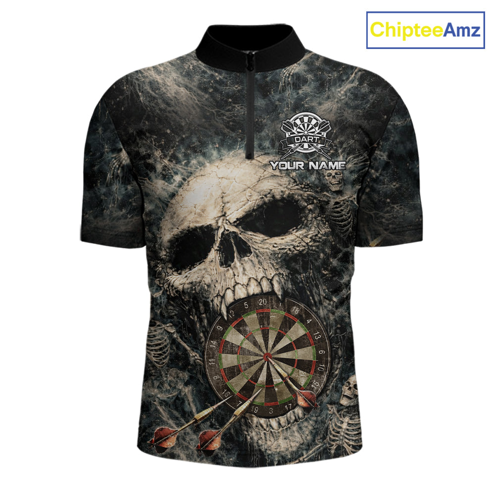 Grunge Horror Grey Skull Vintage Dartboard & Arrow Men Darts 1/4-Zip Shirt Custom Dart League Shirts NYN2642