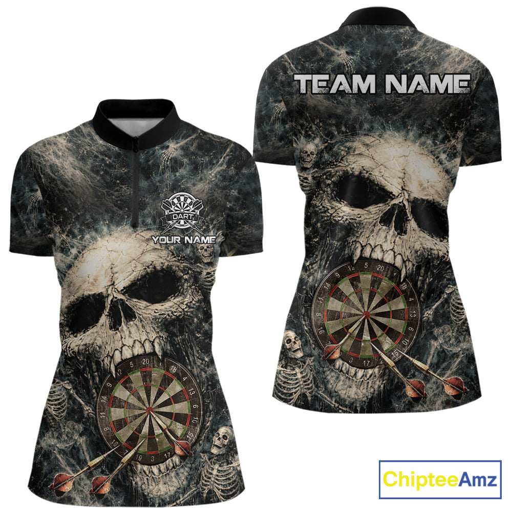 Grunge Horror Grey Skull Vintage Dartboard & Arrow Women Darts 1/4-Zip Shirt Custom Dart League Shirts NYN2642