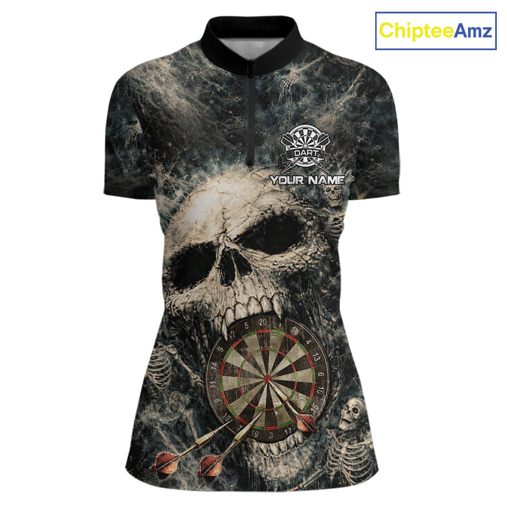 Grunge Horror Grey Skull Vintage Dartboard & Arrow Women Darts 1/4-Zip Shirt Custom Dart League Shirts NYN2642