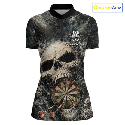 Grunge Horror Grey Skull Vintage Dartboard & Arrow Women Darts 1/4-Zip Shirt Custom Dart League Shirts NYN2642