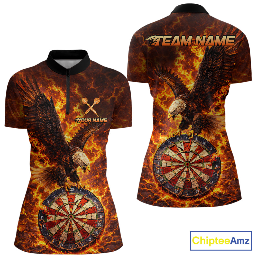 Fire Flame Eagle Red-Blue Cracked Dartboard Women Darts 1/4-Zip Shirt Custom Dart League Shirts NYN2644