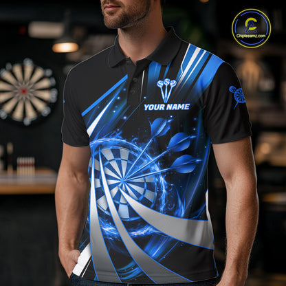 Custom Blue Flaming Dartboard & Arrow Men Darts Polo & 1/4-Zip Shirts Dart Team Jerseys NYN2799