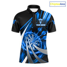 Load image into Gallery viewer, Custom Blue Flaming Dartboard &amp; Arrow Men Darts Polo &amp; 1/4-Zip Shirts Dart Team Jerseys NYN2799