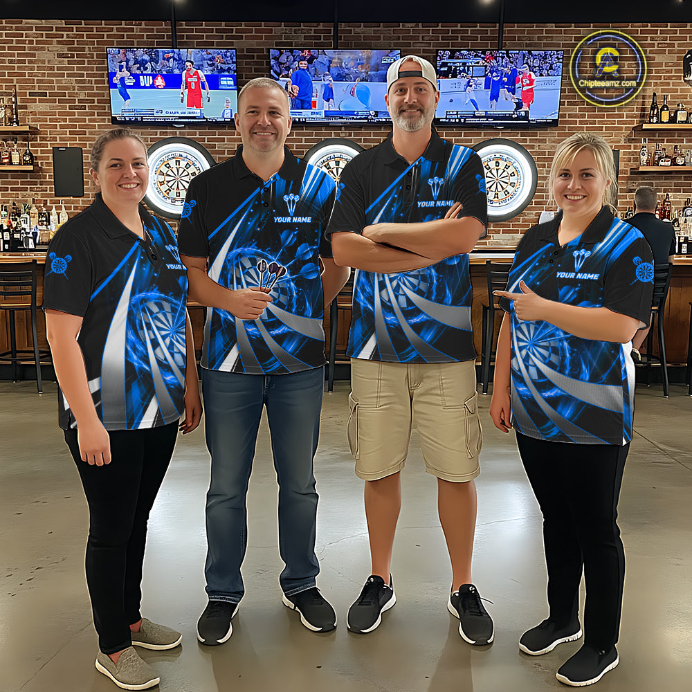 Custom Blue Flaming Dartboard & Arrow Men Darts Polo & 1/4-Zip Shirts Dart Team Jerseys NYN2799