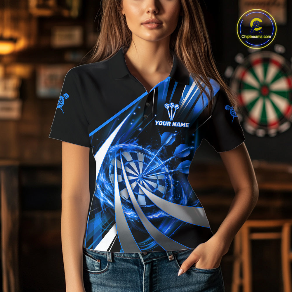 Custom Blue Flaming Dartboard & Arrow Women Darts Polo & 1/4-Zip Shirts Dart Team Jerseys NYN2799