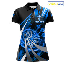 Load image into Gallery viewer, Custom Blue Flaming Dartboard &amp; Arrow Women Darts Polo &amp; 1/4-Zip Shirts Dart Team Jerseys NYN2799