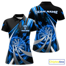 Load image into Gallery viewer, Custom Blue Flaming Dartboard &amp; Arrow Women Darts Polo &amp; 1/4-Zip Shirts Dart Team Jerseys NYN2799