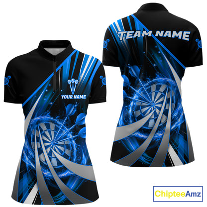 Custom Blue Flaming Dartboard & Arrow Women Darts Polo & 1/4-Zip Shirts Dart Team Jerseys NYN2799