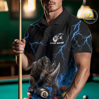 Funny Rhino Billiard 8 Ball Pool Shirt For Men Custom Thunder Lightning Billiard Team Jersey | Blue NYN3436