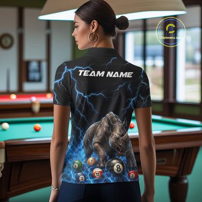 Funny Rhino Billiard 8 Ball Pool Shirt For Women Custom Thunder Lightning Billiard Team Jersey | Blue NYN3436