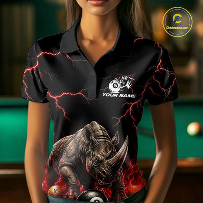 Funny Rhino Billiard 8 Ball Pool Shirt For Women Custom Thunder Lightning Billiard Team Jersey | Red NYN3437