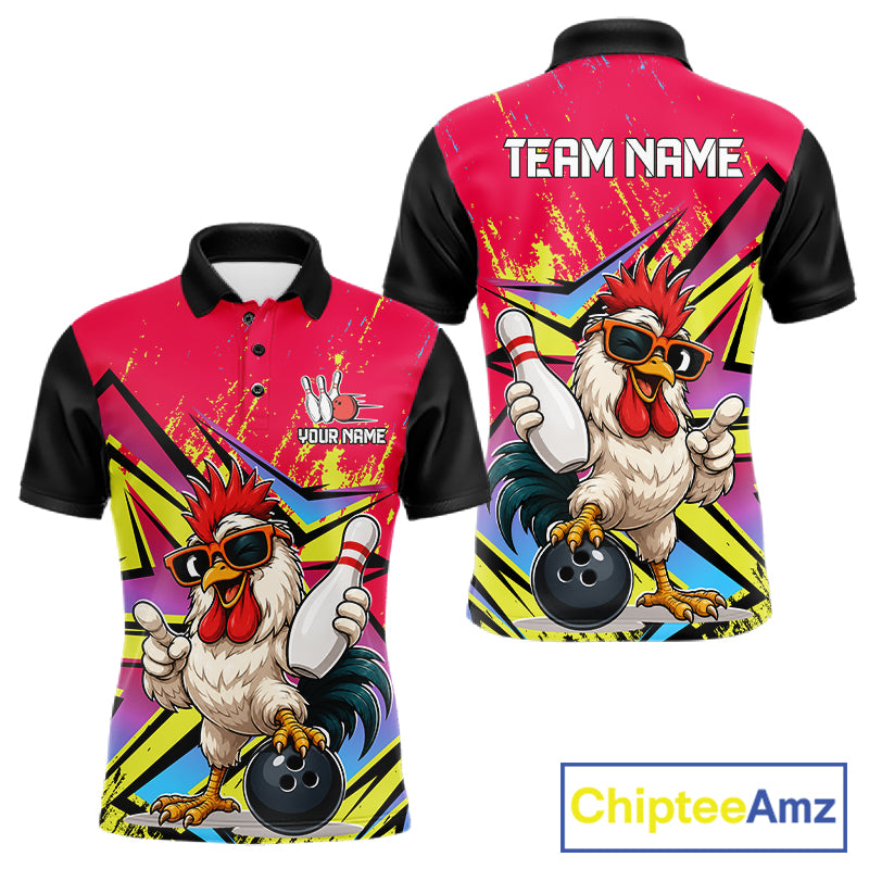 Custom Funny Rooster Strike Bowling Jersey For Men Bowling Shirt Polo & 1/4 Zip Bowling Team Shirt NYN4365