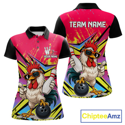 Custom Funny Rooster Strike Bowling Jersey For Women Bowling Shirt Polo & 1/4 Zip Bowling Team Shirt NYN4365
