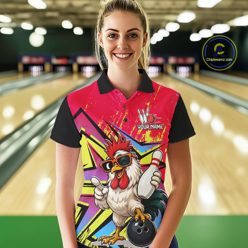 Custom Funny Rooster Strike Bowling Jersey For Women Bowling Shirt Polo & 1/4 Zip Bowling Team Shirt NYN4365