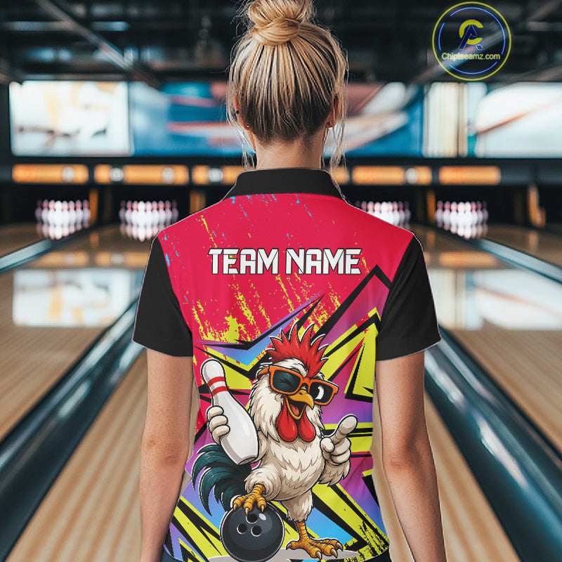 Custom Funny Rooster Strike Bowling Jersey For Women Bowling Shirt Polo & 1/4 Zip Bowling Team Shirt NYN4365