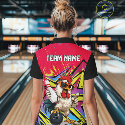 Custom Funny Rooster Strike Bowling Jersey For Women Bowling Shirt Polo & 1/4 Zip Bowling Team Shirt NYN4365