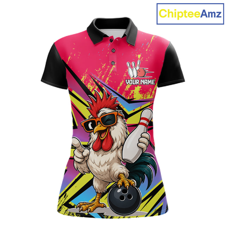 Custom Funny Rooster Strike Bowling Jersey For Women Bowling Shirt Polo & 1/4 Zip Bowling Team Shirt NYN4365