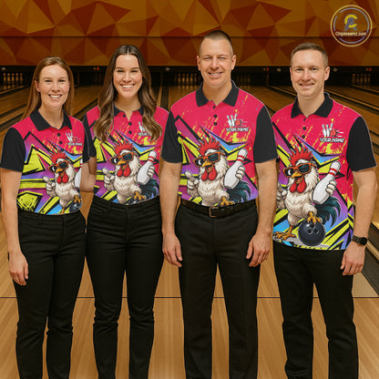 Custom Funny Rooster Strike Bowling Jersey For Men Bowling Shirt Polo & 1/4 Zip Bowling Team Shirt NYN4365