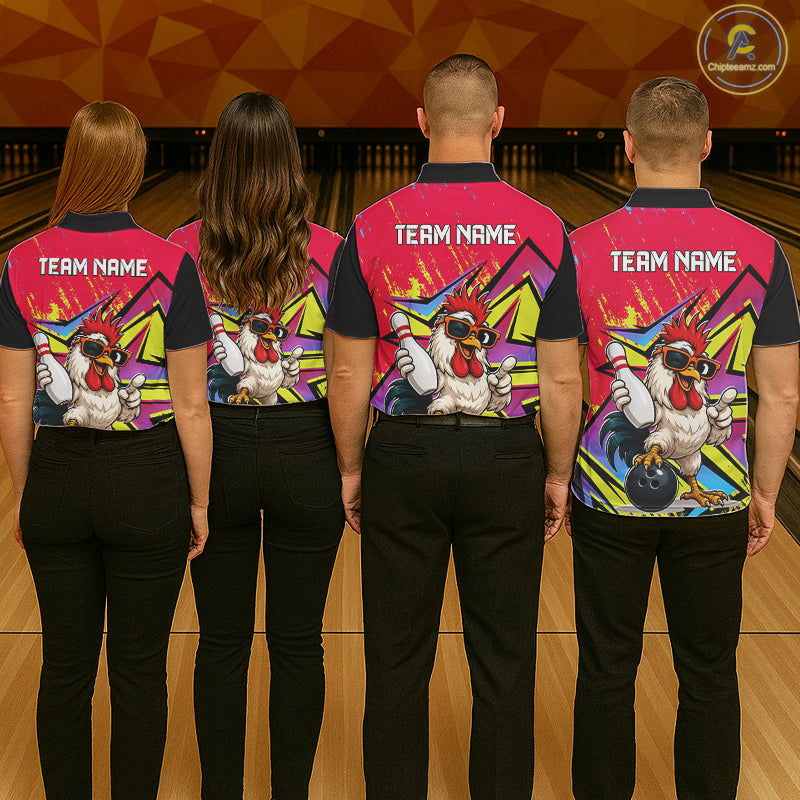 Custom Funny Rooster Strike Bowling Jersey For Men Bowling Shirt Polo & 1/4 Zip Bowling Team Shirt NYN4365