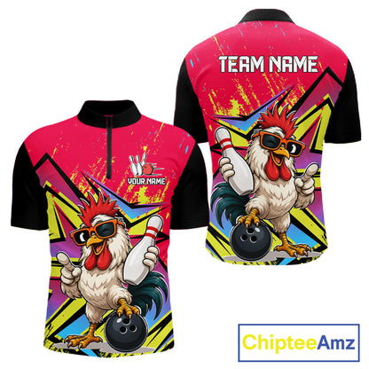 Custom Funny Rooster Strike Bowling Jersey For Men Bowling Shirt Polo & 1/4 Zip Bowling Team Shirt NYN4365