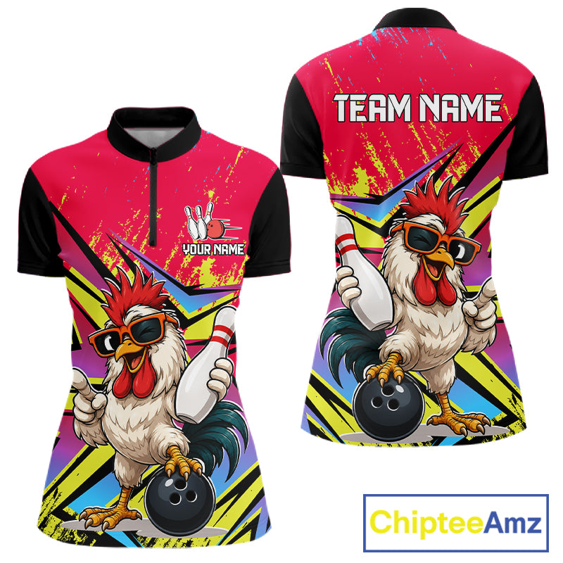 Custom Funny Rooster Strike Bowling Jersey For Women Bowling Shirt Polo & 1/4 Zip Bowling Team Shirt NYN4365