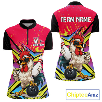 Custom Funny Rooster Strike Bowling Jersey For Women Bowling Shirt Polo & 1/4 Zip Bowling Team Shirt NYN4365