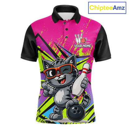 Custom Funny Tabby Cat Strike Bowling Jersey For Men Bowling Shirt Polo & 1/4 Zip Bowling Team Shirt NYN4366