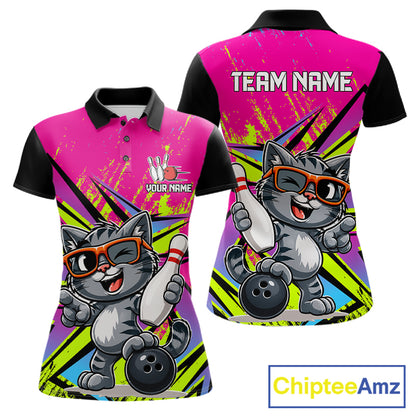 Custom Funny Tabby Cat Strike Bowling Jersey For Women Bowling Shirt Polo & 1/4 Zip Bowling Team Shirt NYN4366