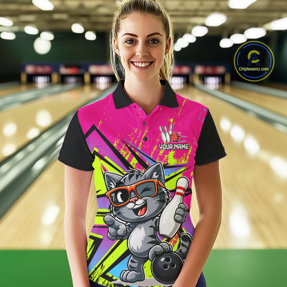 Custom Funny Tabby Cat Strike Bowling Jersey For Women Bowling Shirt Polo & 1/4 Zip Bowling Team Shirt NYN4366