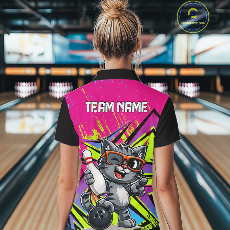 Custom Funny Tabby Cat Strike Bowling Jersey For Women Bowling Shirt Polo & 1/4 Zip Bowling Team Shirt NYN4366