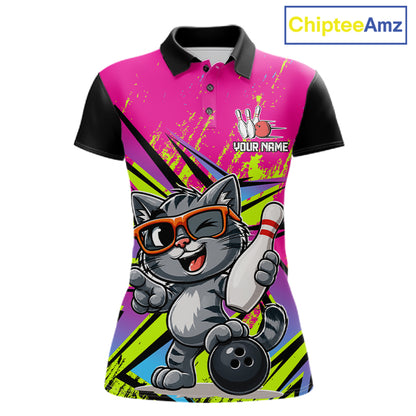 Custom Funny Tabby Cat Strike Bowling Jersey For Women Bowling Shirt Polo & 1/4 Zip Bowling Team Shirt NYN4366