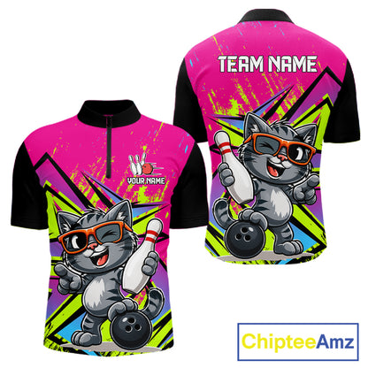 Custom Funny Tabby Cat Strike Bowling Jersey For Men Bowling Shirt Polo & 1/4 Zip Bowling Team Shirt NYN4366