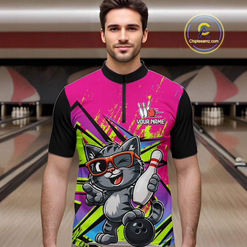 Custom Funny Tabby Cat Strike Bowling Jersey For Men Bowling Shirt Polo & 1/4 Zip Bowling Team Shirt NYN4366