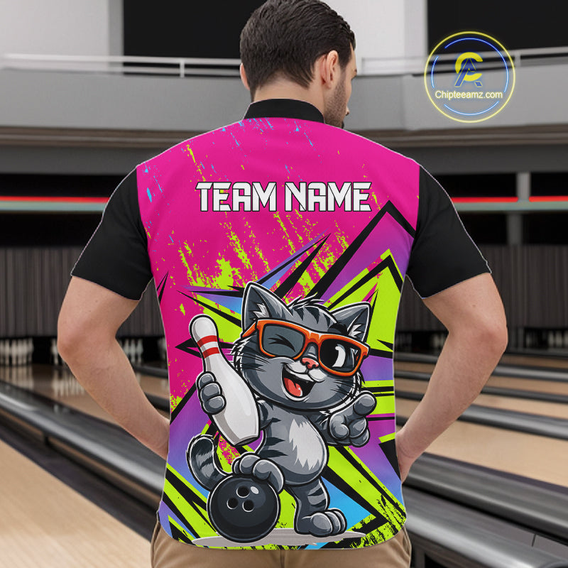 Custom Funny Tabby Cat Strike Bowling Jersey For Men Bowling Shirt Polo & 1/4 Zip Bowling Team Shirt NYN4366