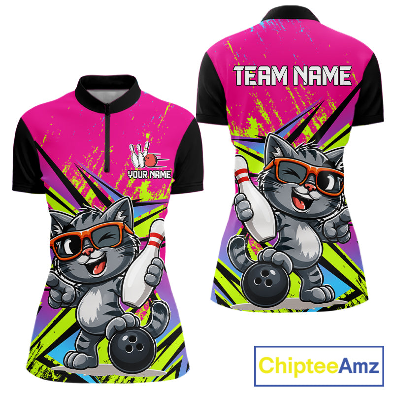 Custom Funny Tabby Cat Strike Bowling Jersey For Women Bowling Shirt Polo & 1/4 Zip Bowling Team Shirt NYN4366