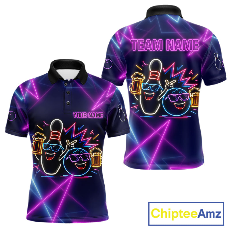 Purple & Blue Neon Light Bowling Ball & Pin Shirts For Men Custom Funny Drunk Bowling Team Jerseys NYN4367