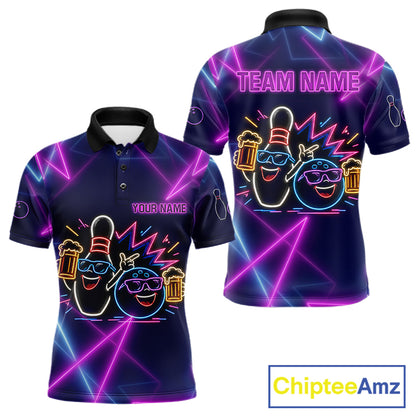 Purple & Blue Neon Light Bowling Ball & Pin Shirts For Men Custom Funny Drunk Bowling Team Jerseys NYN4367