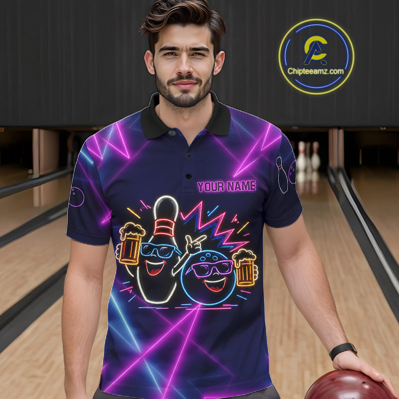 Purple & Blue Neon Light Bowling Ball & Pin Shirts For Men Custom Funny Drunk Bowling Team Jerseys NYN4367