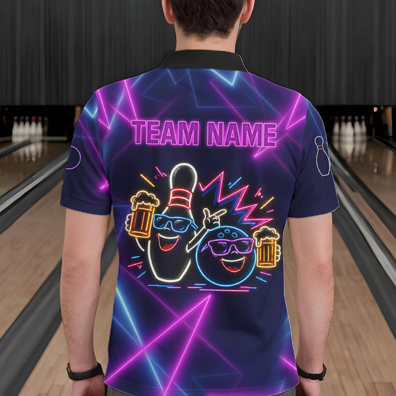 Purple & Blue Neon Light Bowling Ball & Pin Shirts For Men Custom Funny Drunk Bowling Team Jerseys NYN4367