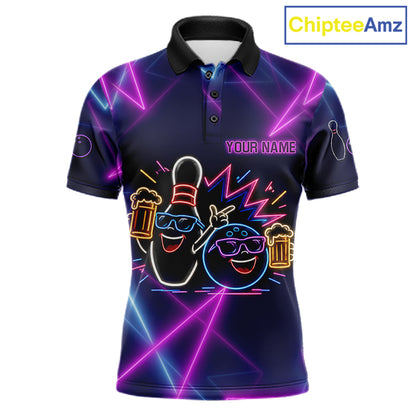 Purple & Blue Neon Light Bowling Ball & Pin Shirts For Men Custom Funny Drunk Bowling Team Jerseys NYN4367