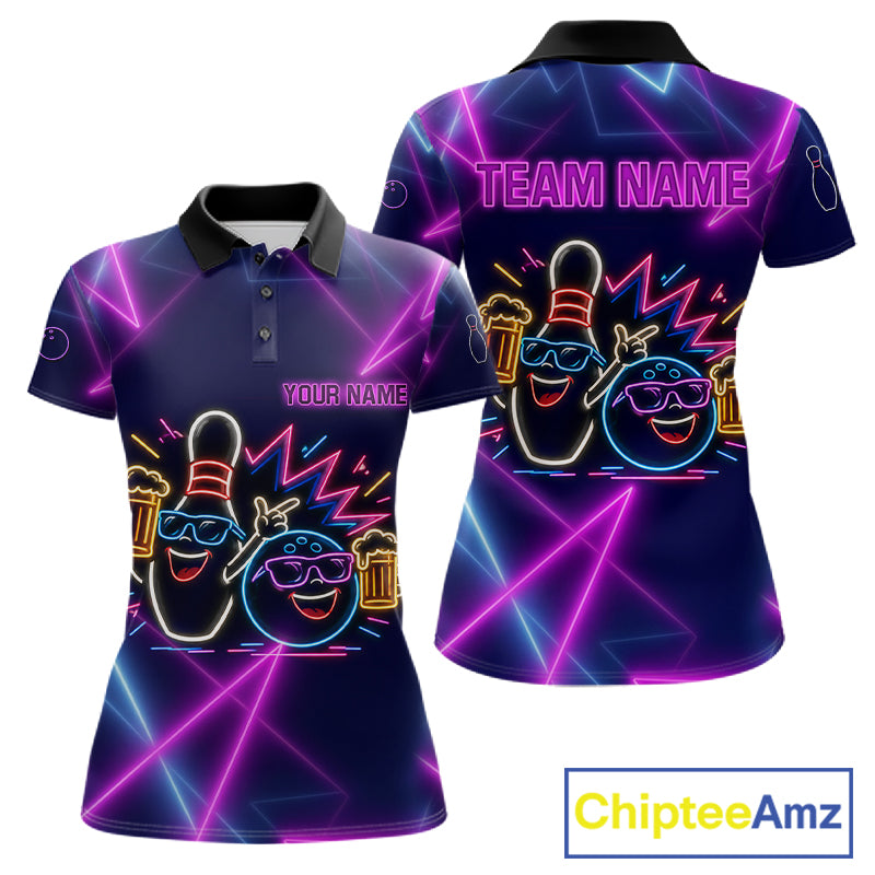 Purple & Blue Neon Light Bowling Ball & Pin Shirts For Women Custom Funny Drunk Bowling Team Jerseys NYN4367