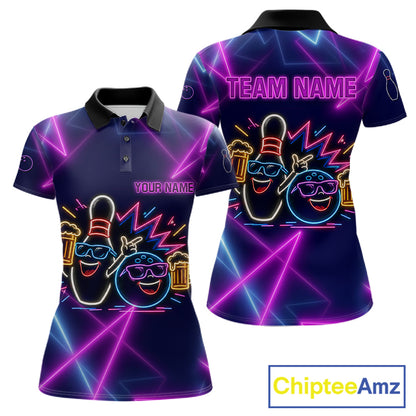Purple & Blue Neon Light Bowling Ball & Pin Shirts For Women Custom Funny Drunk Bowling Team Jerseys NYN4367