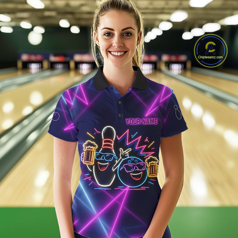 Purple & Blue Neon Light Bowling Ball & Pin Shirts For Women Custom Funny Drunk Bowling Team Jerseys NYN4367
