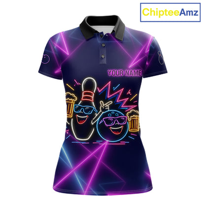 Purple & Blue Neon Light Bowling Ball & Pin Shirts For Women Custom Funny Drunk Bowling Team Jerseys NYN4367
