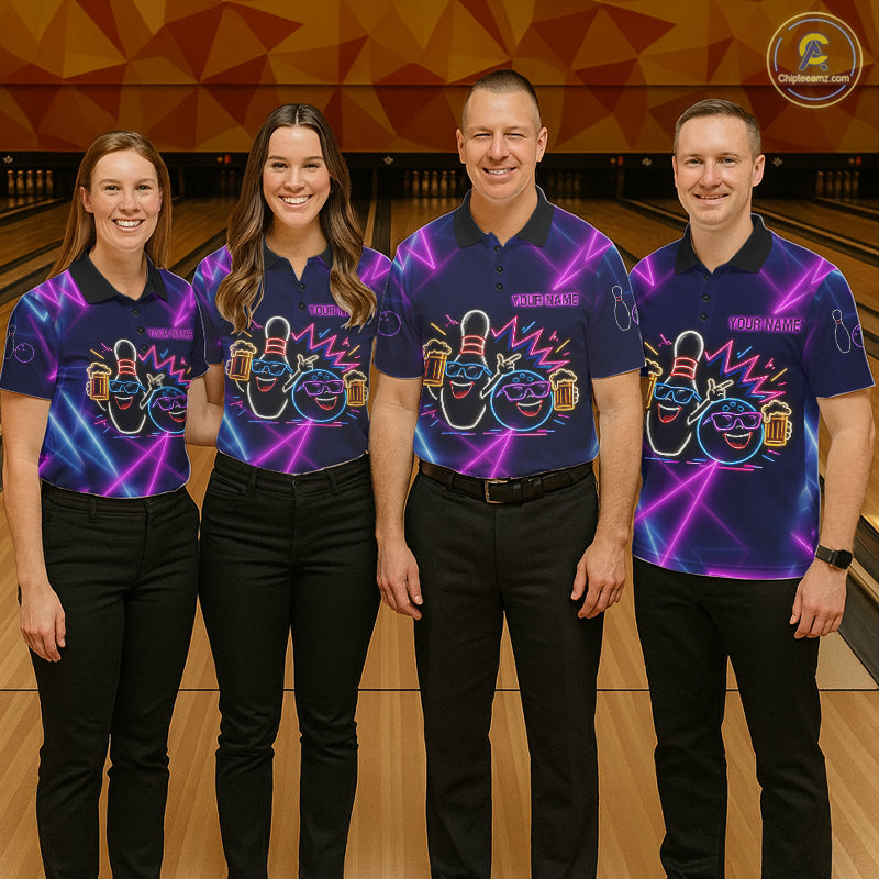 Purple & Blue Neon Light Bowling Ball & Pin Shirts For Men Custom Funny Drunk Bowling Team Jerseys NYN4367