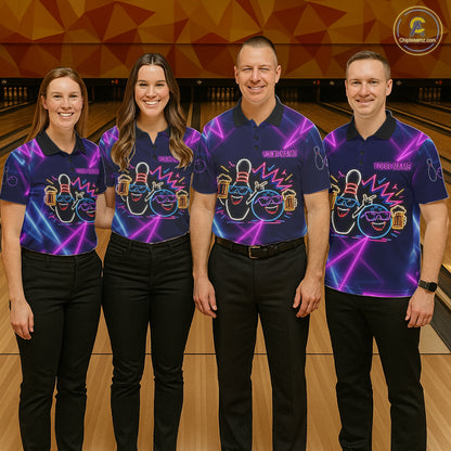 Purple & Blue Neon Light Bowling Ball & Pin Shirts For Men Custom Funny Drunk Bowling Team Jerseys NYN4367