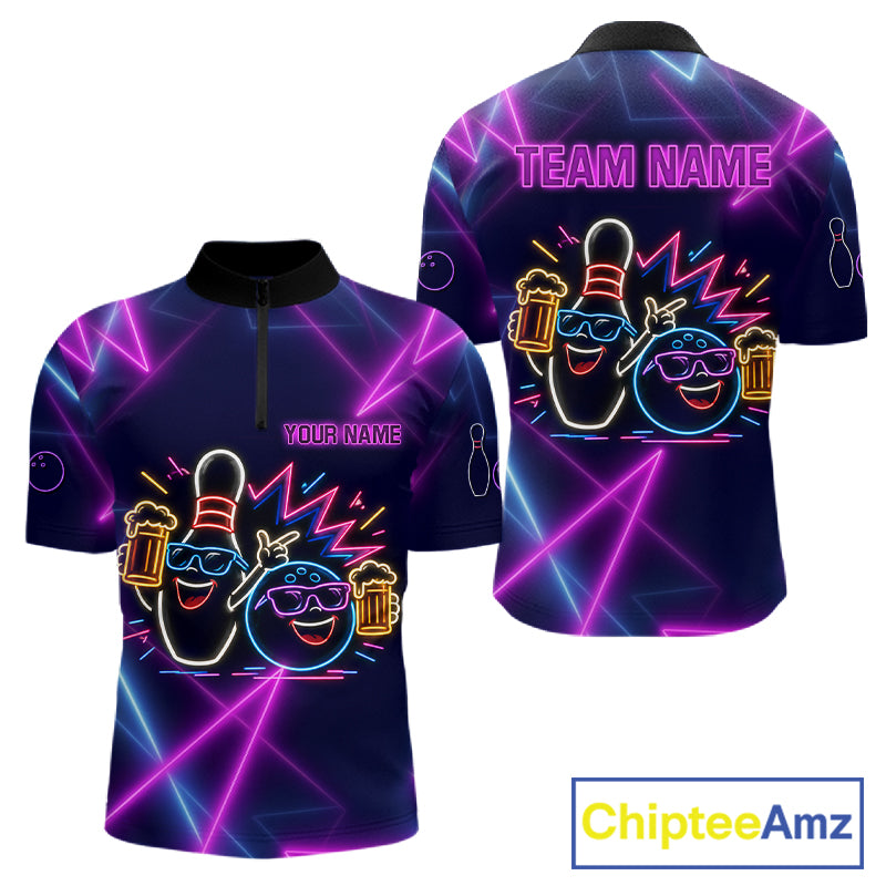 Purple & Blue Neon Light Bowling Ball & Pin Shirts For Men Custom Funny Drunk Bowling Team Jerseys NYN4367