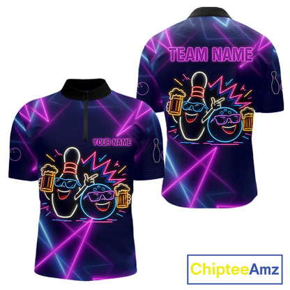 Purple & Blue Neon Light Bowling Ball & Pin Shirts For Men Custom Funny Drunk Bowling Team Jerseys NYN4367