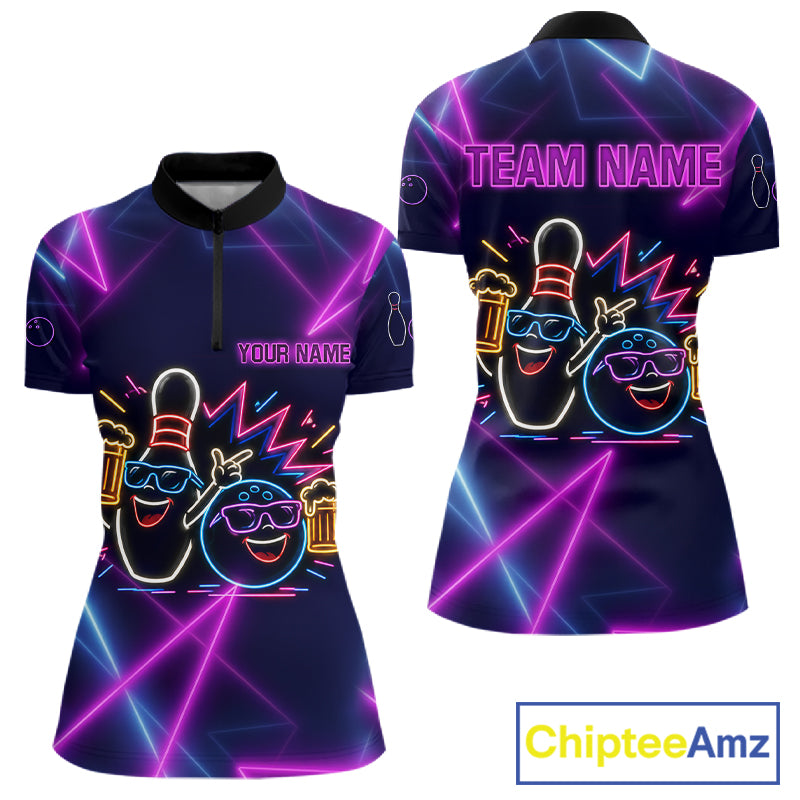 Purple & Blue Neon Light Bowling Ball & Pin Shirts For Women Custom Funny Drunk Bowling Team Jerseys NYN4367